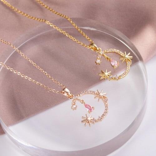 Cute Crystal Star Moon Pendant Necklace For Women Girls Copper Geometric Charms Stainless steel Chain Choker Jewelry Party Gifts