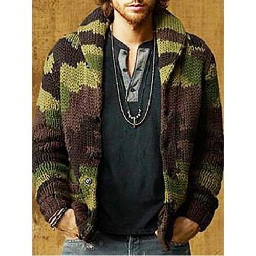 Men Turn-Down Collar Cardigan Autumn Winter Camouflage Comfortable Long Sleeve Clothes Knitted Casual Male Sweater