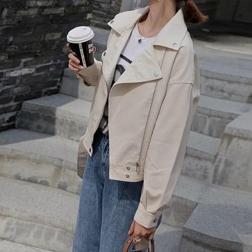 2021 Solid Color Jackets Ladies Loose Casual Jacket New Spring Women Pu Leather Motorcycle Jacket Female With Belt
