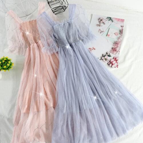 HISUMA Women Summer Square Collar Puff Sleeve Pleated Ruffles Dress Elegant Lady Elastic Slim Bling Sequin Mesh Gauze Midi Dress