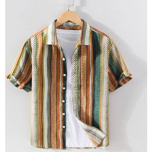 100% Pure Linen Striped Short Sleeve Shirt for Men Summer New Casual Tops Male Blue Orange Fashion Stripe Retro Clothes