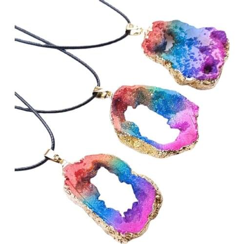 Seven Chakras Irregular Rainbow Plaing Raw Healing Crystal Quartz Stone Pendant Necklace Wholesale Rope Chain Charms Jewelry