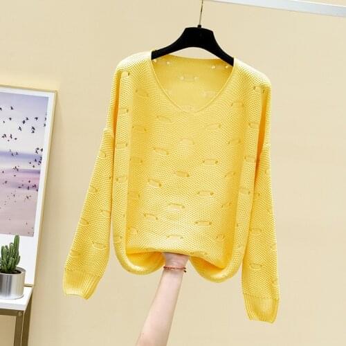 Hollowed out sweater womens Korean loose bottomed top long sleeve 2021 spring new fashion V-Neck Sweater thin