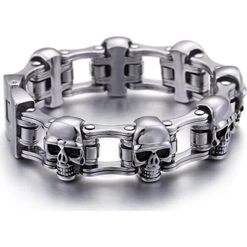 HAOLYNJOY High Quality 23cm Stainless Steel Link Chian Bracelets Men Heavy Chunky Skull Head Charm Bracelet Punk Biker Jewel