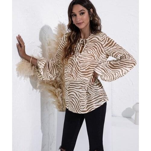 Spring and Autumn Ladies Fashion Thin Top Sexy Hollow Lace Round Neck Zebra Print Puff Sleeve Sweet and Versatile T-shirt