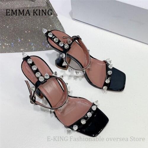 Women Elegant Bling Crystal Sandals Rhinestone Ankle-Wrap Square Peep Toe Gladiator Sandals 9.5cm Hoof Heels Designer Sandals