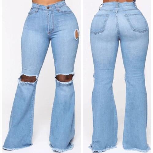 Women Ripped Denim Flare Pants Summer Thin Wide Leg Trousers Skinny High Waisted Jeans for Women Sexy Push Up Bell-bottom Jeans