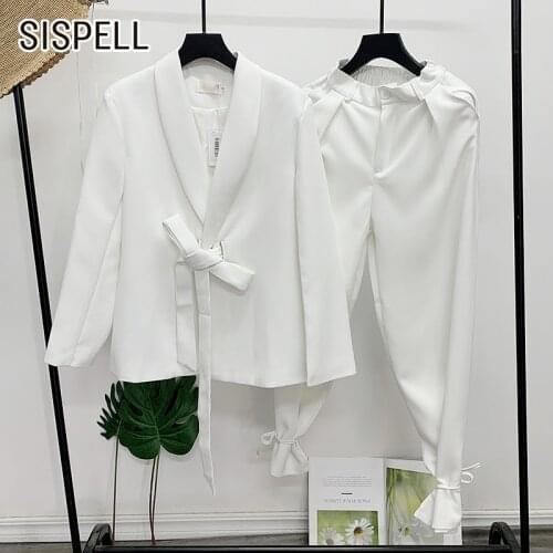 SISPELL Female Two piece Suit Lapel Collar Long Sleeve Loose Lace Up Blazer Coat High Waist Loose Lace Up Womens Casual Set