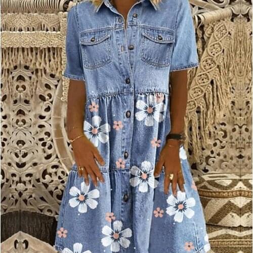 Women Denim Jeans Dress Elegant Turn-down Collar Buttons Long Party Dress New Summer Solid Short Sleeve Pocket Slit A-Line Dress