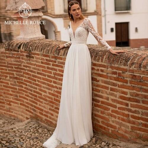 Michelle Royce A-Ling Wedding Dresses 2021 Sexy V-Neckline Appliques Cut-Out Button Chapel Train Bridal Gowns Vestido De Noiva