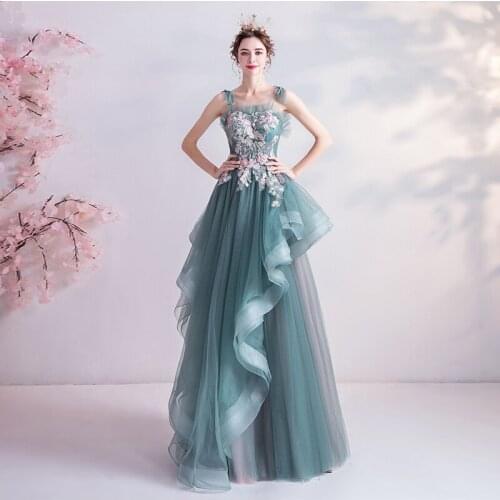 Evening Dresses Illusion Strapless Sleeveless Spaghetti Strap Crystal Embroidery Pearls Tulle Lace Women Formal Party Gown TS074