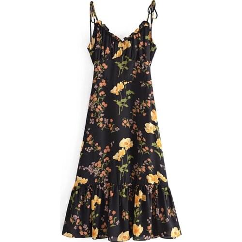 Vintage holiday floral print dress V-neck tie waist suspender dress women brace dress