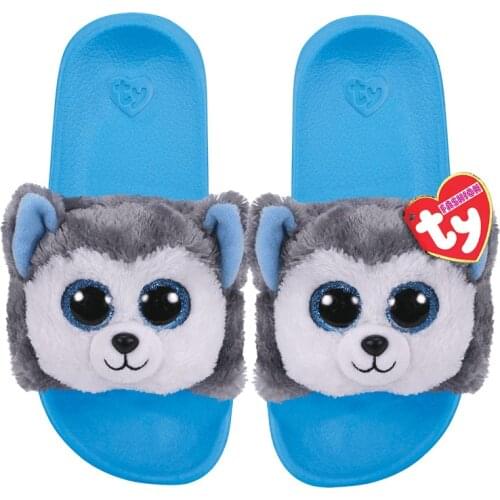 15CM Ty Beanie Footwear Glitter Eyes Kids Childrens Slides Sandals Slush Gray Blue Husky Cute Animal Small, Medium & Large Gift