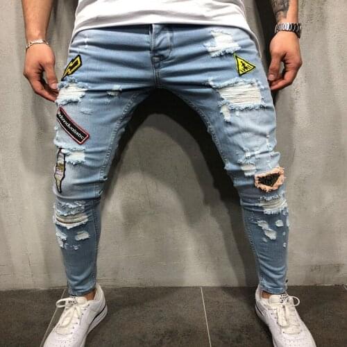2019 Fashion hip-hop embroidered hole mens jeans slim Street jeans