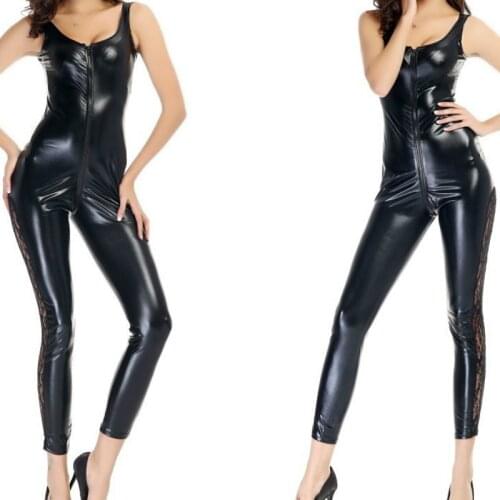 2020 European style black lace jumpsuit new arrival leather bodycon jumpsuit fashion deign sexy womens jumpsuit