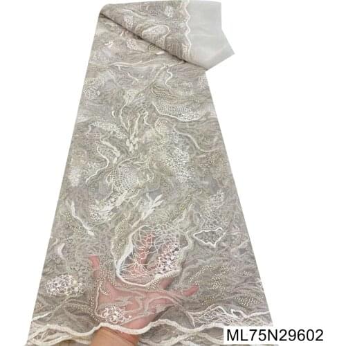 2021 Nigerian High Quality Embroidery Net Lace Fabric with Beads african lace fabric 5 yards for wedding party dress ML75N296