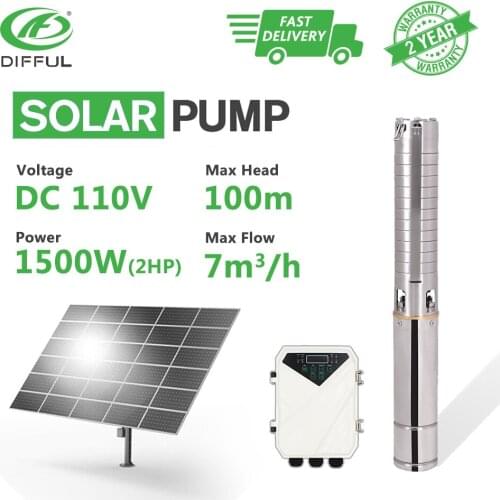 4" DC Deep Well Solar Water Pump 110V 2HP MPPT Controller with Stainless Steel Impeller Borehole Sun Power High Pressure