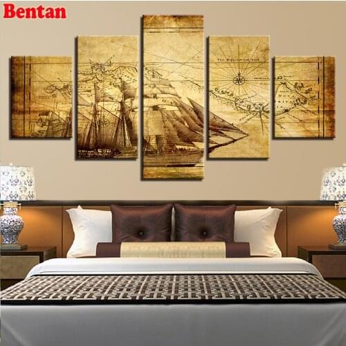 5 pcs 5d diy diamond painting full square round drill Retro navigation sailboat diamond embroidery mosaic modern home decor