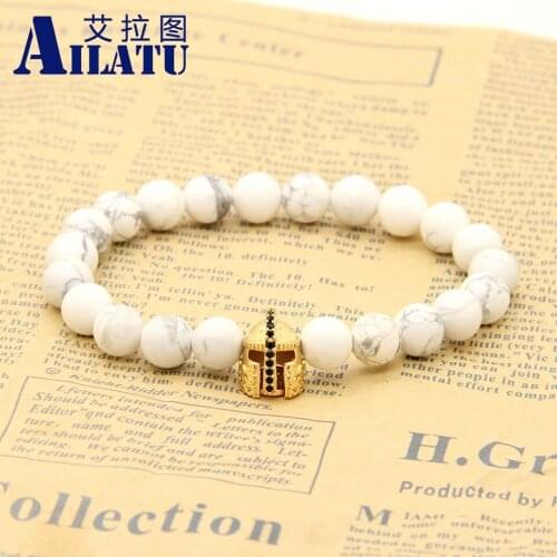 Ailatu 10pcs/lot 8mm Natural White Howlite Marble Stone Fashion Roman Warrior Helmet Micro Pave Black CZ Spartans Bracelets