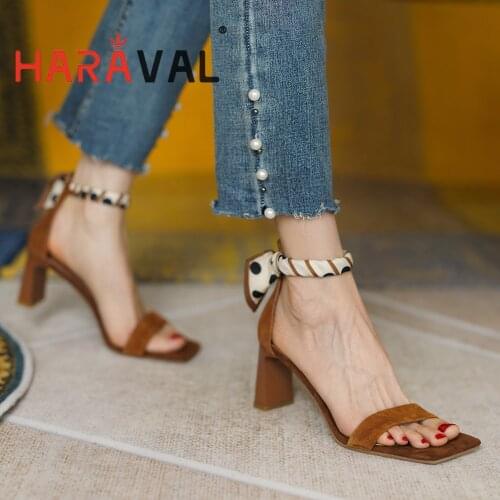 HARAVAL Women Sandals Shoes High Heels Kid Suede Elegant Riband Brown Summer Fashion Footwear Female Shoes Women Handmade B370