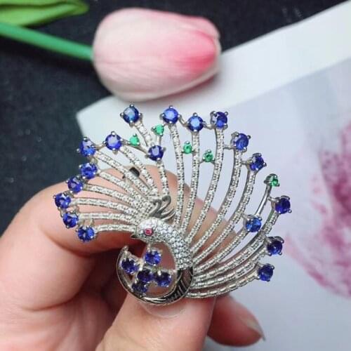 Natural sapphire brooch, 925 silver, phoenix style, good quality gemstones and luxurious atmosphere