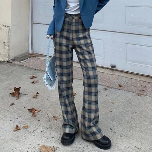 Plaid Bell-bottom Long Flare Pants Women Pants High Waist Outfits Women Clothing Harajuku Korean Fashion Vintage Wide Leg Pant
