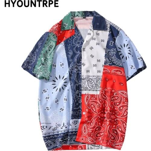 Fashion Patchwork Hawaiian Shirt Men Summer Casual Short Sleeve Turn Down Collar Vintage Tops Hip Hop Harajuku Streetwear Shirts