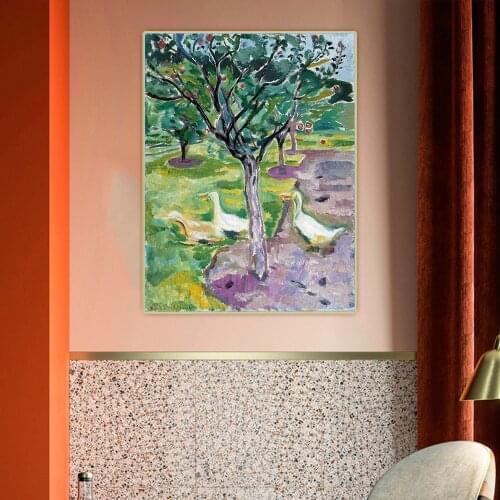 Geese in an Orchard 1911, by Edvard Munch Canvas Art Oil Painting Artwork Aesthetic Picture Wall Hanging Decor Home Decoration