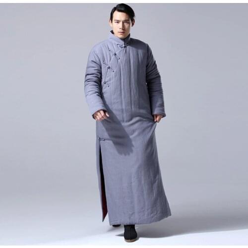 China Traditional winter mens Retro hemp cotton padded long gown Robe Chinese style thick loose Linen pourpoint Long Robe