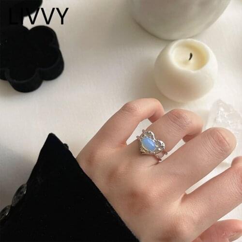 Silver Color Trendy Crystal Stone Heart-Shape Double-deck Opening Adjustable Ring for Women Design Irregular Surface Jewelry
