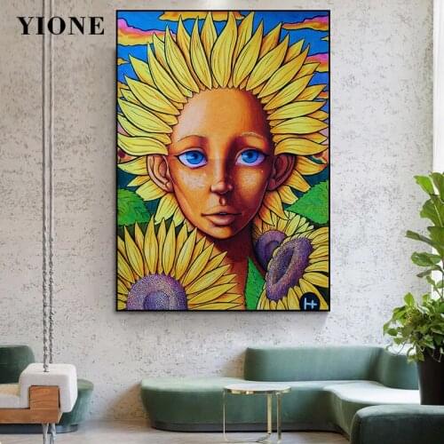 Colorful Sunflower Tribal Girl Canvas Posters Print Abstract Cloud Plant Demon Woman Art Wall Paintings for Living Room Pictures