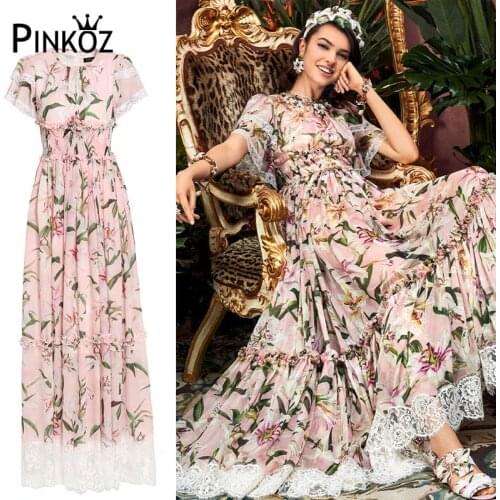 Pinkoz maxi dress lace lily flower printt extend waist luxury dress elegant birthday party excellent long dreese vestidos summer