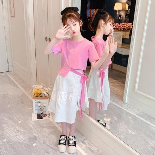 Summer Childrens Two Pieces Outfits Fashion Bow Bandage T-Shirt Top+Asymmetric Skirt For Teen Girls Clothing Sets 8 10 12 14Yrs