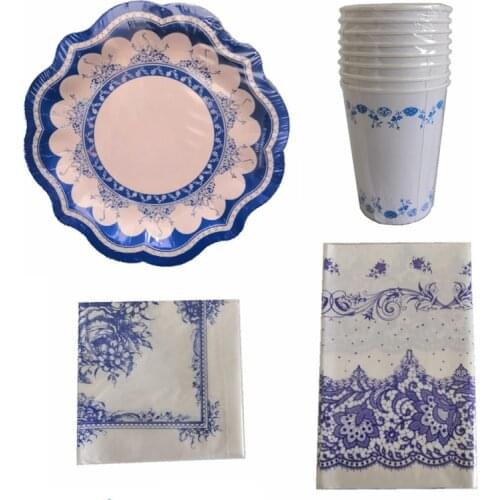 New Chinese Style Petal Lace Shaped Paper Plate Disposable Cup Napkin Tableware Wedding Birthday Party 8pcs Supplies