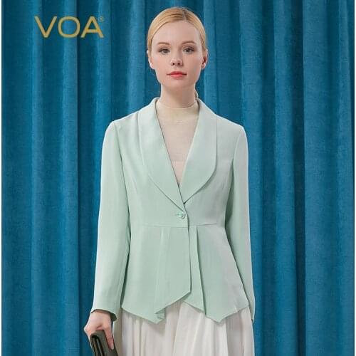 VOA Spring Jacket 2021 Heavyweight Silk 30m/m Light Green Turn-down Collar One Button Long Sleeve Jacket WE73 Korean Coats Women