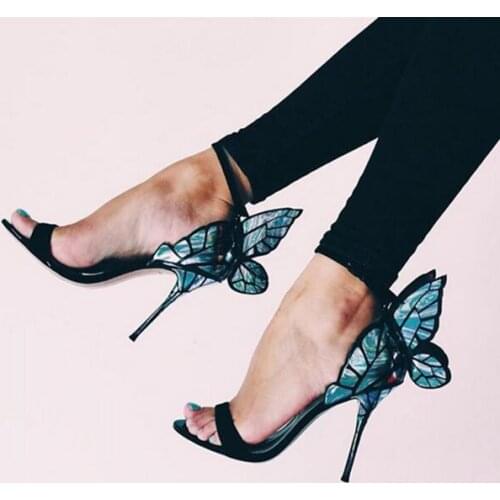 Sexy Angel-wing Sandals Female Shoes Luxury Metallic Patent-leather Sandals Ankle Wrap Cut-out Gladiator Heels Ladies Dress Shoe