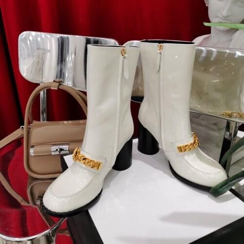 2021 Newest Winter Shoes Woman Retro Patent Leather Mid-Calf Boots Woman Round-Toes Round Heels Boots Woman Metal Decora Boots