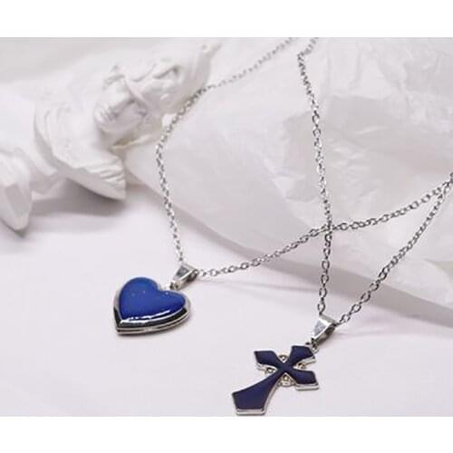 Hiphop Punk Heart Shape Cross Pendant Necklace for Men Women Fashion Neck Jewelry Unique Temperature Change Color Necklaces Gift