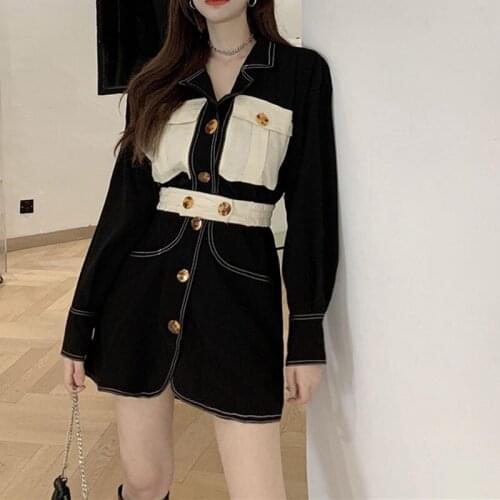 VSUE Women Stitching Turndown Collar Slim Pocket Belt A-Line Long Shirt C3005