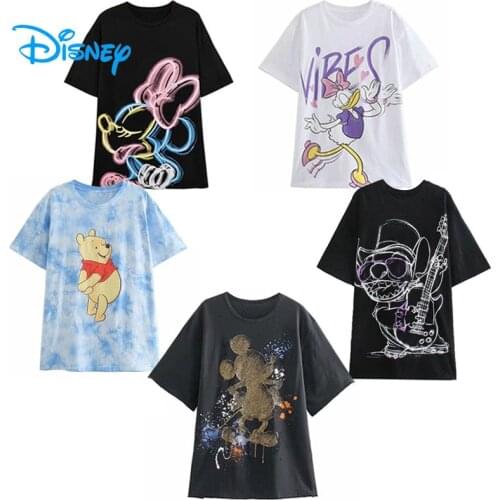 Disney Cotton T-Shirt Women Embroidery Daisy Duck Cartoon Harajuku T Shirt Women Mickey Minnie Bambi Casual Streetwear Tee Tops