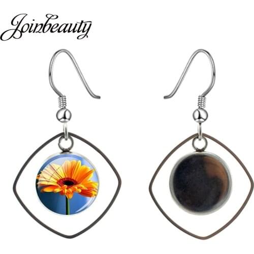 JOINBEAUTY Sweet Flower Small Daisy Drop Earrings Round Glass Square Dangle Earrings For Women Jewelry Accessories Gifts KT416