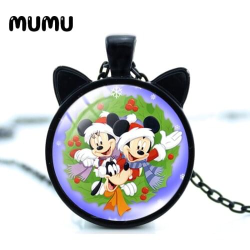 2021 New Christmas Mickey Mouse Cat Ear Necklace Glass Dome Pendant Round Photo Jewelry Gifts Girl