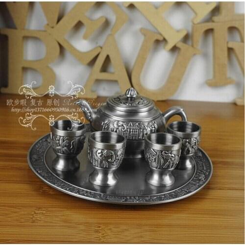 6PCS/set 1pot 4 tea cup and 1tray tin color wine decanter wine set disposable cups vintage tea/ vin cupsbeer tower CJ005