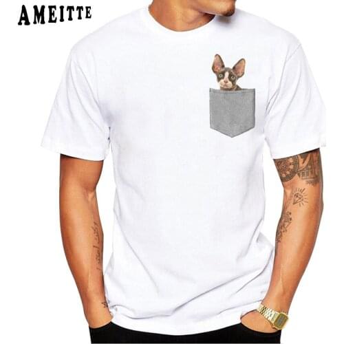 AMEITTE New Summer Fashion Men T-Shirt The Sphynx And Pocket Print T-Shirt Boy Casual Tops Funny Tees Man White Short Sleeve