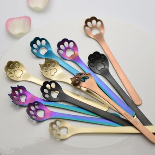 2pcs Cat Claw Dog Claw Coffee Spoon Meal Spoon 304 Stainless Steel Cartoon Hollow DIY Dessert Ice Cream Mixing Spoon Teaspoon