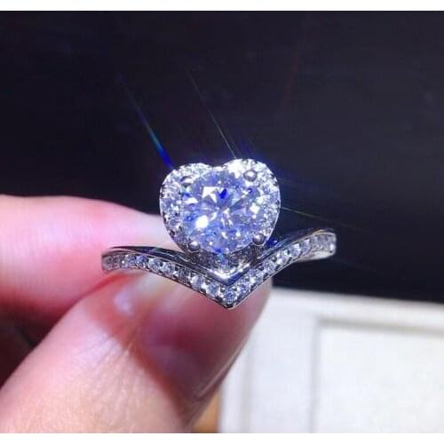 Passed Diamond Test Perfect Cut 1ct Moissanite Diamond Ring D Color VVS 925 Sterling Silve Heart-shaped Fashion Jewelry Luxury