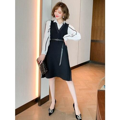 Contrasting color striped lapel stitching dotted line stroke fake two-piece knitted skirt dress female 2020 autumn new style