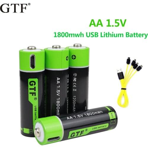 New gtf aa refillable usb li-ion battery 1.5v aa 1800mwh lithium polymer battery for remote wireless mouse keyboard