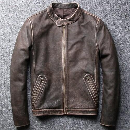 2021 New Genuine Leather Jacket Mens Self-cultivation Cowhide Distressed Motorcycle Jacket Leather Top Jacket
