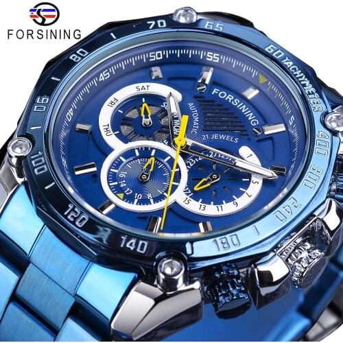 Forsining 2019 New Mens Blue Mechanical Watch Fashion Automatic Date Male Business Stainless Steel Wristwatch Relogio Masculino